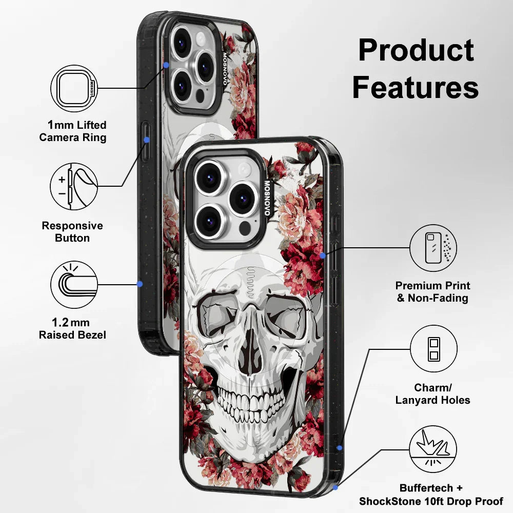 Red Flower Skull Phone Case - iPhone 16 Pro Case Clear Black ShockStone With MagSafe