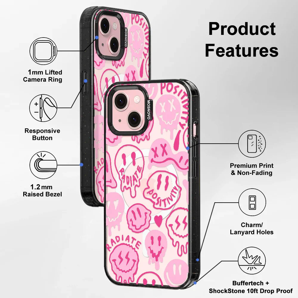 Pink Dripping Smiles Positivity Radiate Face Phone Case - iPhone 15 Case Clear Black ShockStone With MagSafe