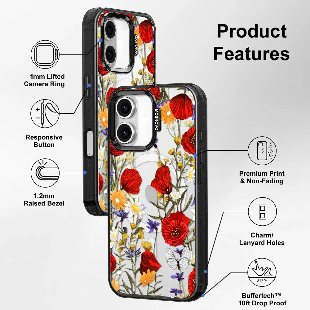 Poppy Floral Phone Case - iPhone 16 Plus Case Clear Black ShockStone With MagSafe