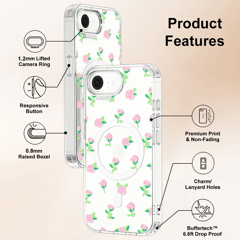 Pink Rose Floral Phone Case - iPhone 16e Case Clear With MagSafe