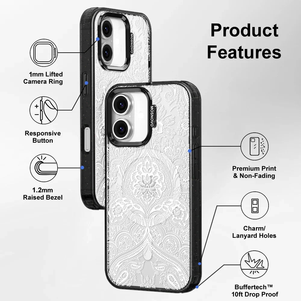 White Damask Phone Case - iPhone 16 Plus Case Clear Black ShockStone With MagSafe