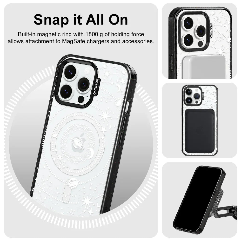 White Galaxy Phone Case - iPhone 14 Pro Max Case Clear Black ShockStone With MagSafe