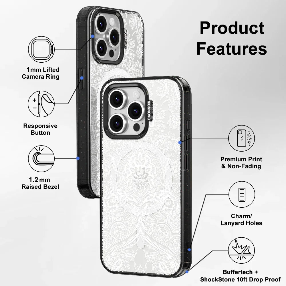 White Damask Phone Case - iPhone 16 Pro Case Clear Black ShockStone With MagSafe