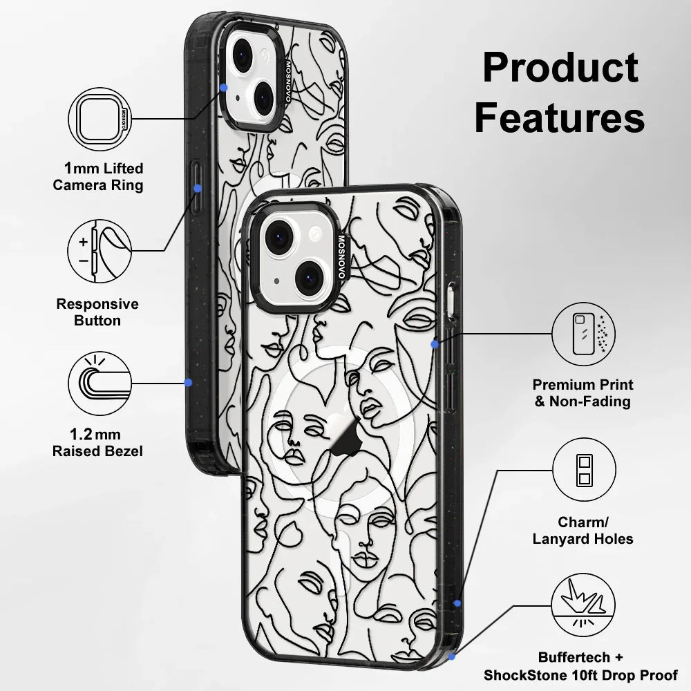 Abstract Face Line Art Phone Case - iPhone 14 Plus Case Clear Black ShockStone With MagSafe