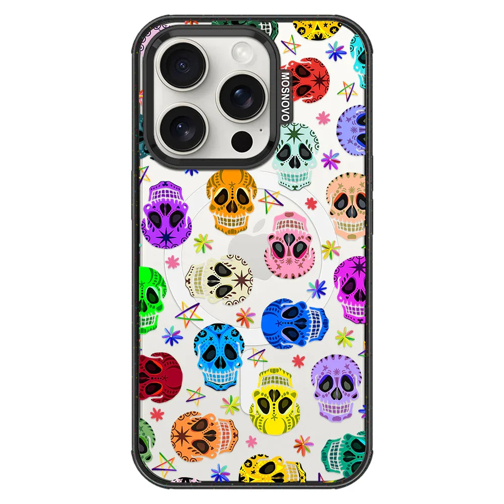 Sugar Skull Phone Case - iPhone 15 Pro Case Clear Black ShockStone With MagSafe