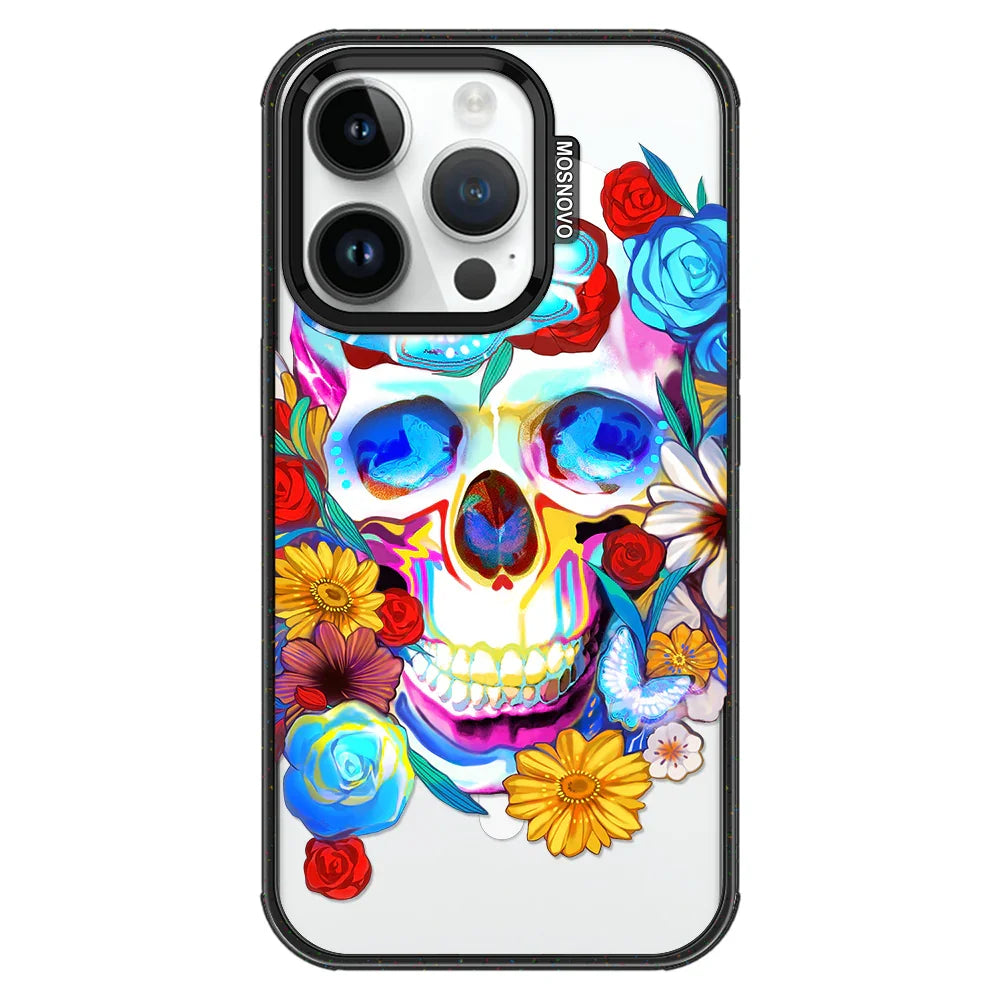 Sugar Flower Skull Phone Case - iPhone 14 Pro Case Clear Black ShockStone With MagSafe