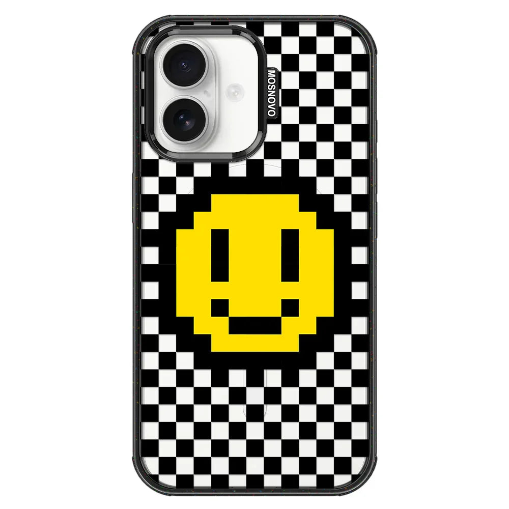 Smile Checkered Phone Case - iPhone 16 Case Clear Black ShockStone With MagSafe