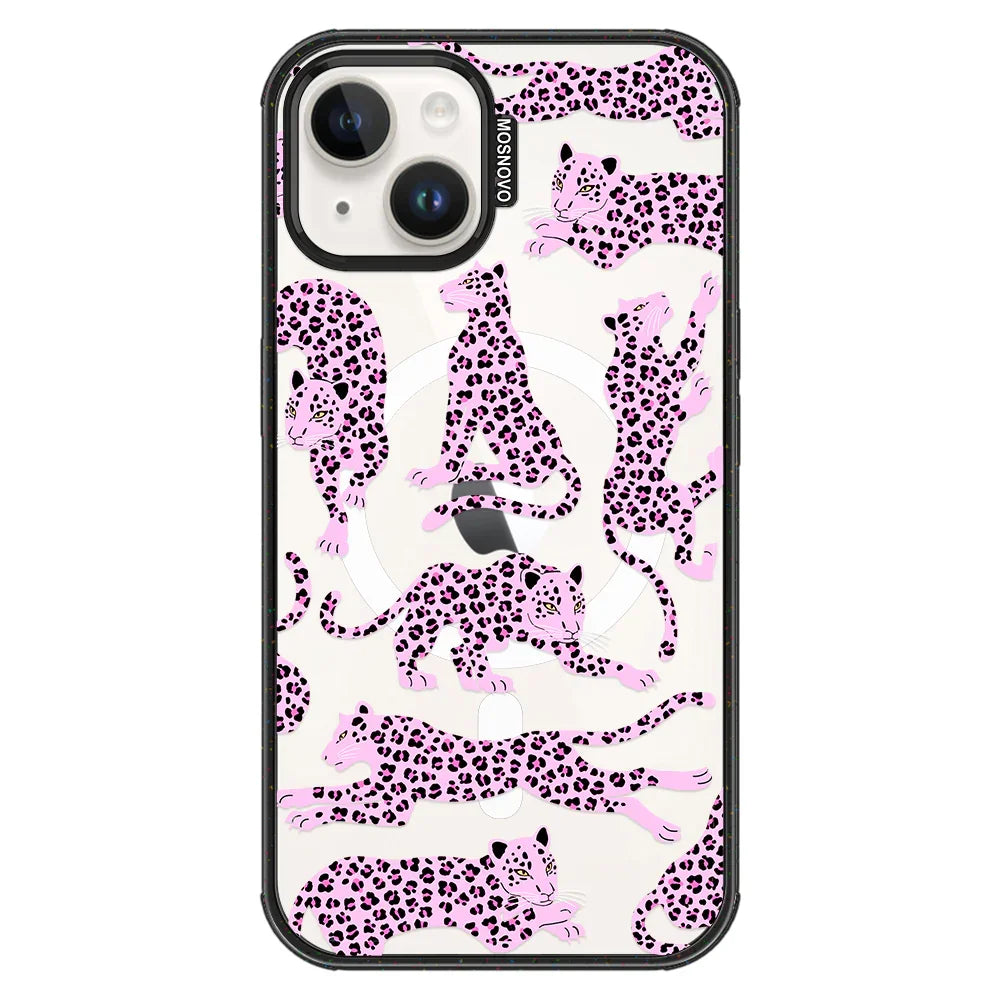 Pink Leopard Phone Case - iPhone 14 Case Clear Black ShockStone With MagSafe