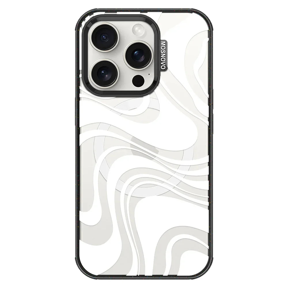White Swirl Phone Case - iPhone 15 Pro Case Clear Black ShockStone With MagSafe