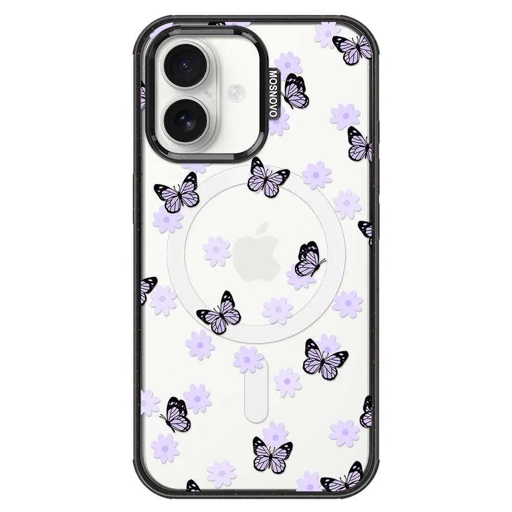 Lilac Butterfly Phone Case - iPhone 16 Case Clear Black ShockStone With MagSafe