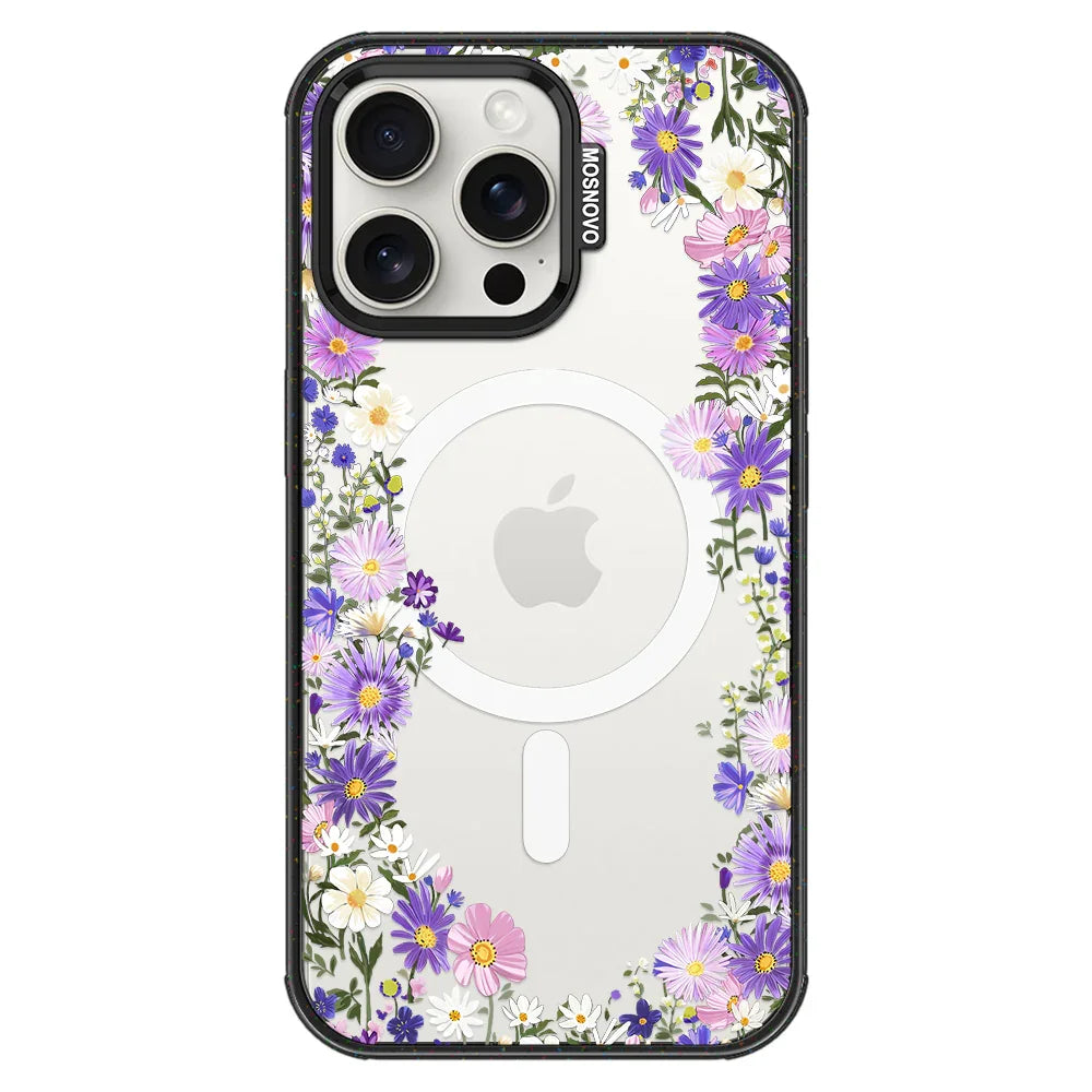 Purple Daisy Garden Phone Case - iPhone 15 Pro Max Case Clear Black ShockStone With MagSafe