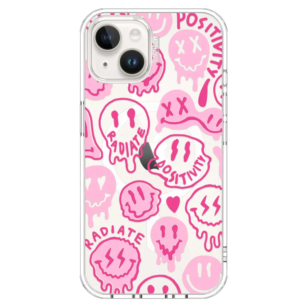 Pink Dripping Smiles Positivity Radiate Face Phone Case - iPhone 14 Case Clear With MagSafe