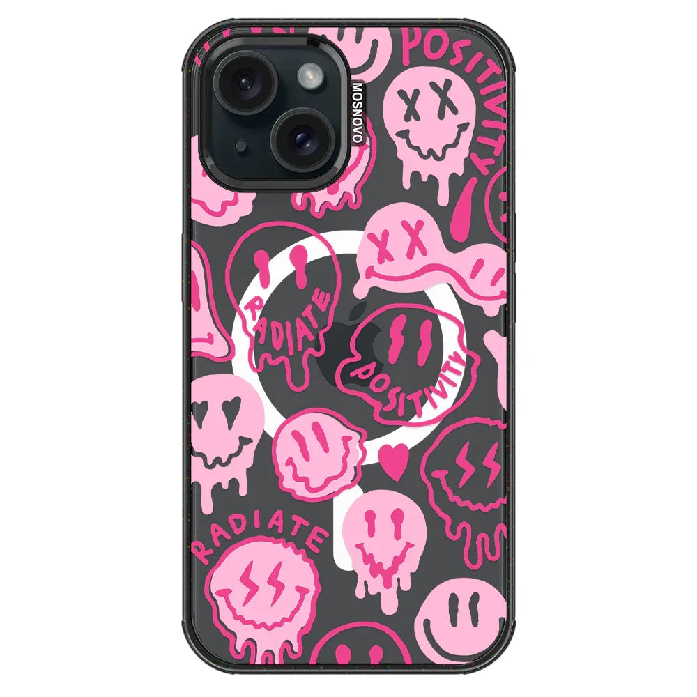 Pink Dripping Smiles Positivity Radiate Face Phone Case - iPhone 15 Case Clear Black ShockStone With MagSafe