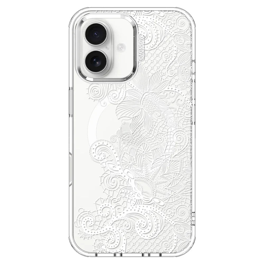 Lacy White Flower Phone Case - iPhone 16 Case Clear With MagSafe