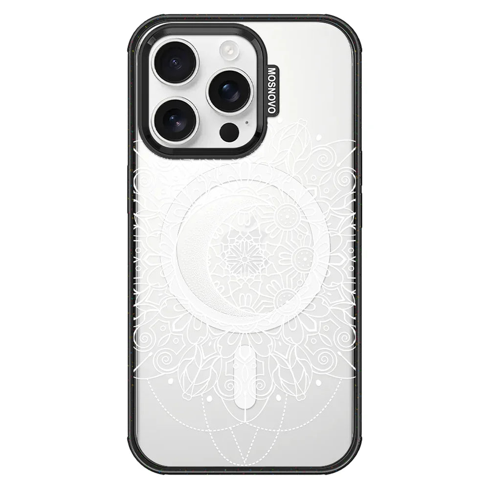 Celestial Moon Mandala Phone Case - iPhone 16 Pro Case Clear Black ShockStone With MagSafe