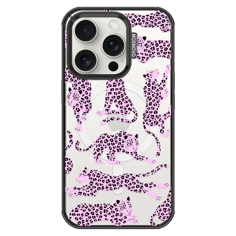 Pink Leopard Phone Case - iPhone 15 Pro Case Clear Black ShockStone With MagSafe