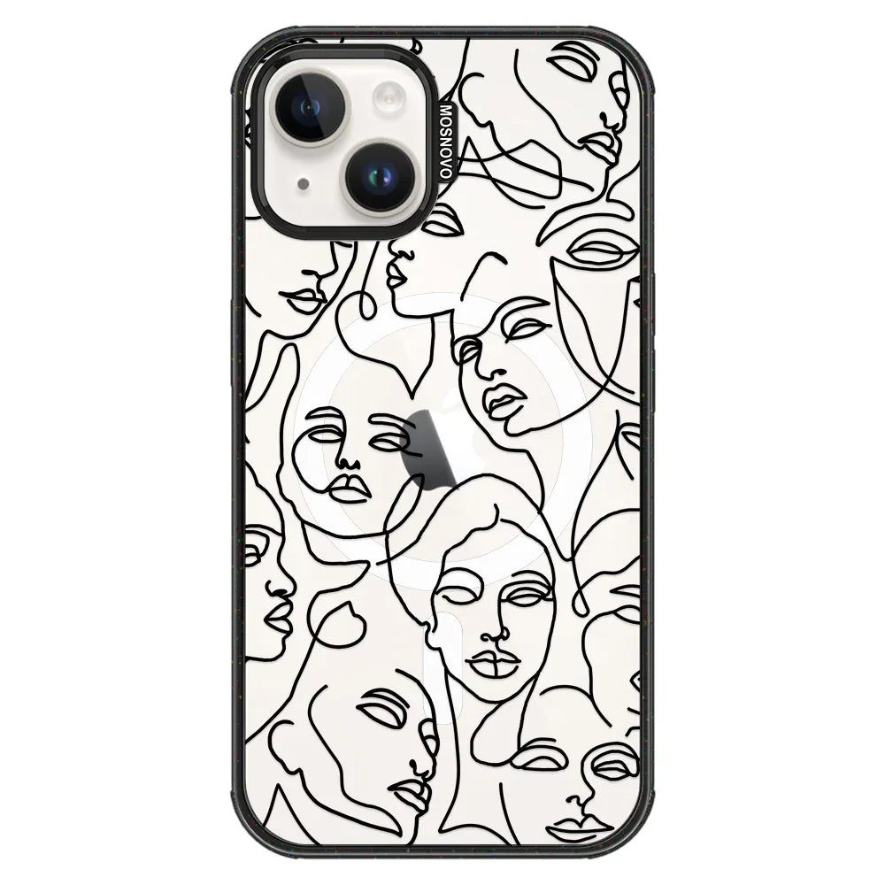 Abstract Face Line Art Phone Case - iPhone 14 Plus Case Clear Black ShockStone With MagSafe