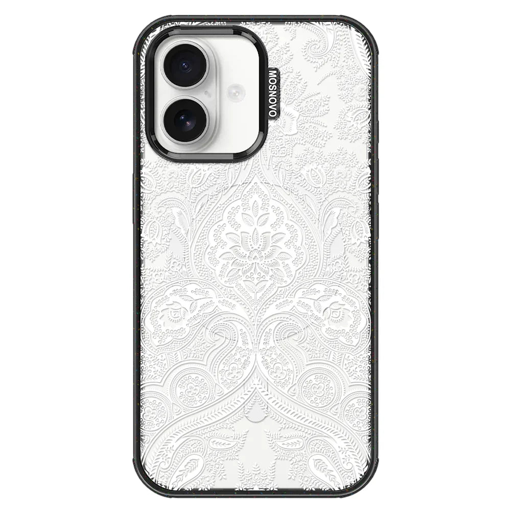 White Damask Phone Case - iPhone 16 Plus Case Clear Black ShockStone With MagSafe