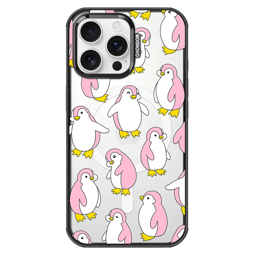 Pink Penguins Phone Case - iPhone 16 Pro Max Case Clear Black ShockStone With MagSafe