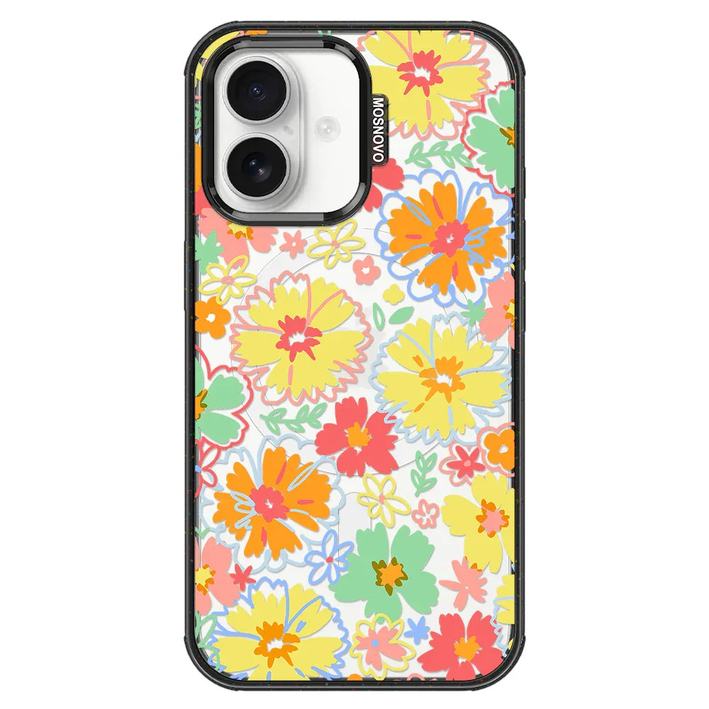 Retro Boho Hippie Flowers Phone Case - iPhone 16 Plus Case Clear Black ShockStone With MagSafe