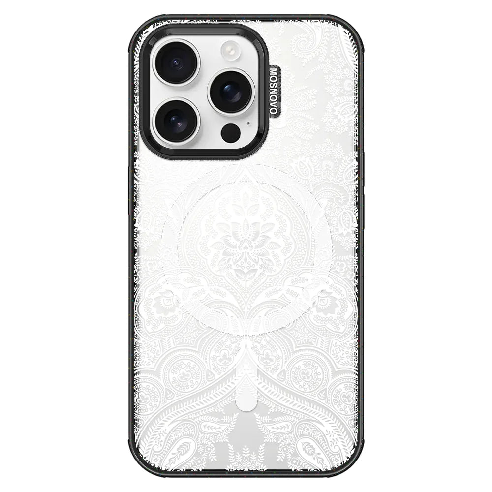 White Damask Phone Case - iPhone 16 Pro Case Clear Black ShockStone With MagSafe