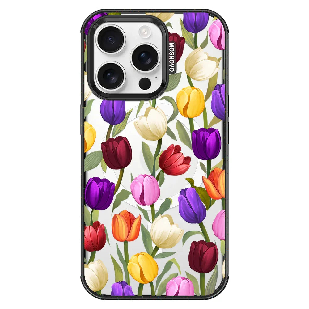 Colorful Tulips Phone Case - iPhone 16 Pro Case Clear Black ShockStone With MagSafe