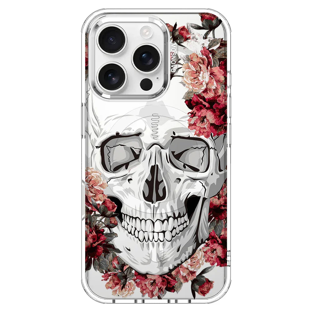 Red Flower Skull Phone Case - iPhone 16 Pro Case Clear With MagSafe