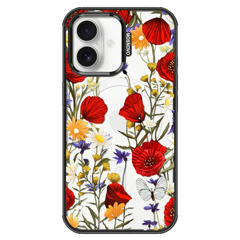 Poppy Floral Phone Case - iPhone 16 Plus Case Clear Black ShockStone With MagSafe