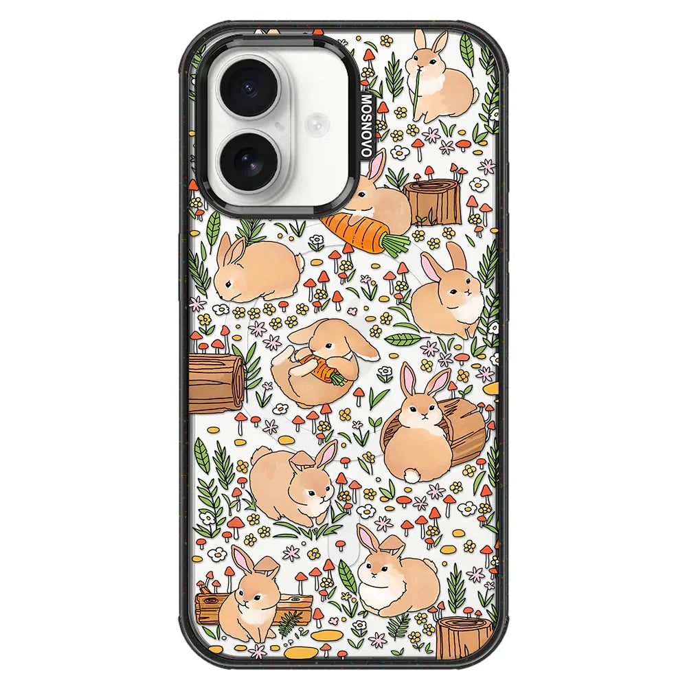 Cute Bunny Garden Phone Case - iPhone 16 Case Clear Black ShockStone With MagSafe