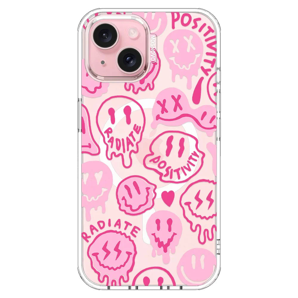 Pink Dripping Smiles Positivity Radiate Face Phone Case - iPhone 15 Case Clear With MagSafe