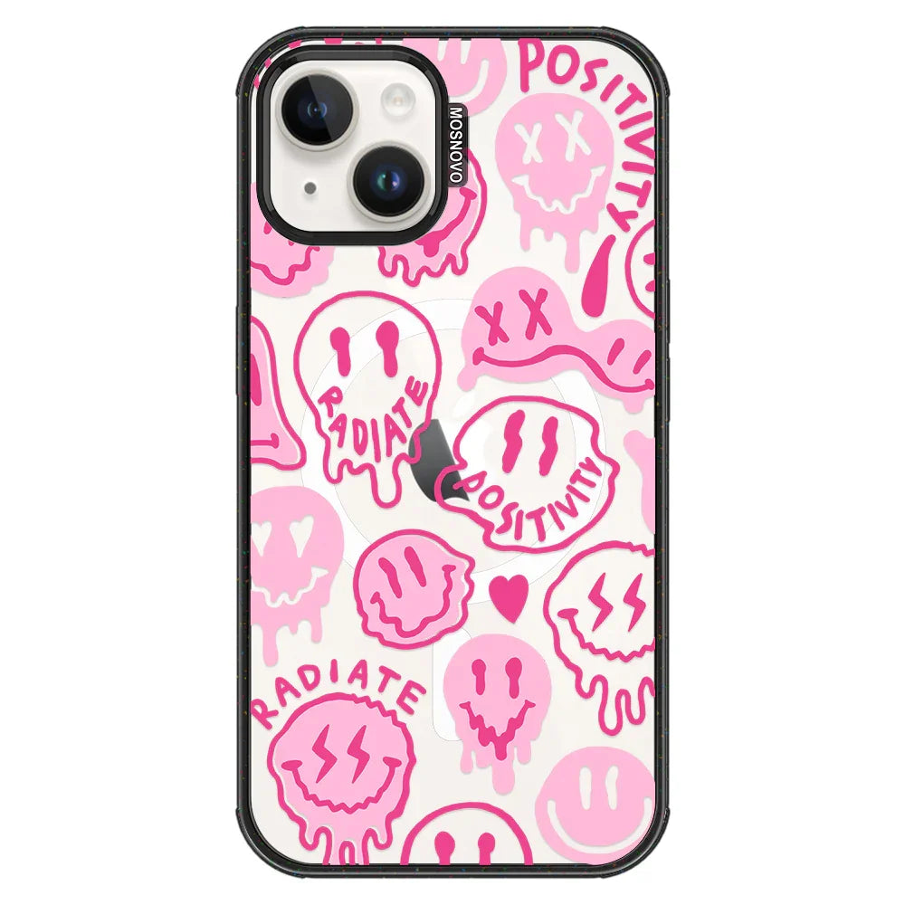 Pink Dripping Smiles Positivity Radiate Face Phone Case - iPhone 14 Case Clear Black ShockStone With MagSafe