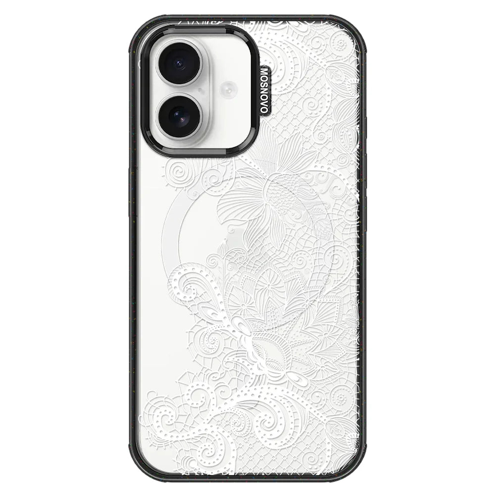 Lacy White Flower Phone Case - iPhone 16 Case Clear Black ShockStone With MagSafe