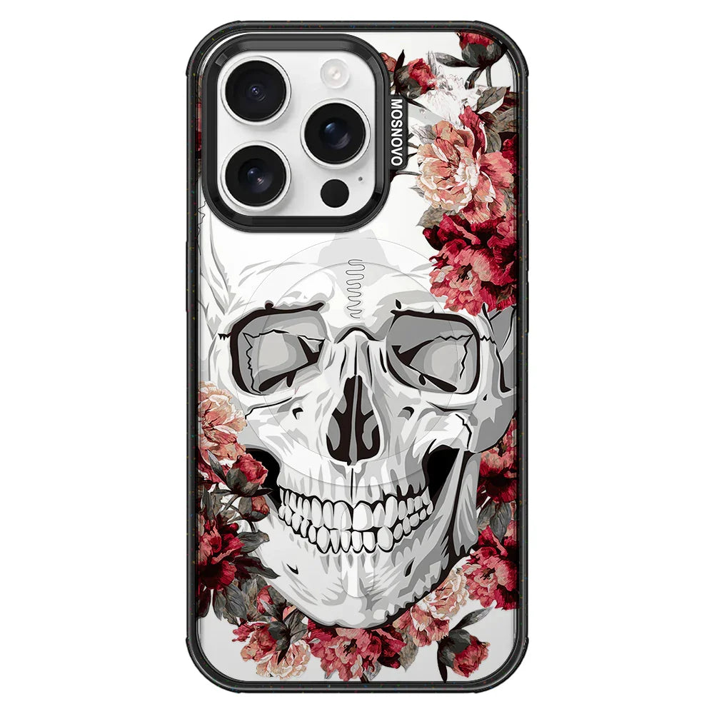Red Flower Skull Phone Case - iPhone 16 Pro Case Clear Black ShockStone With MagSafe