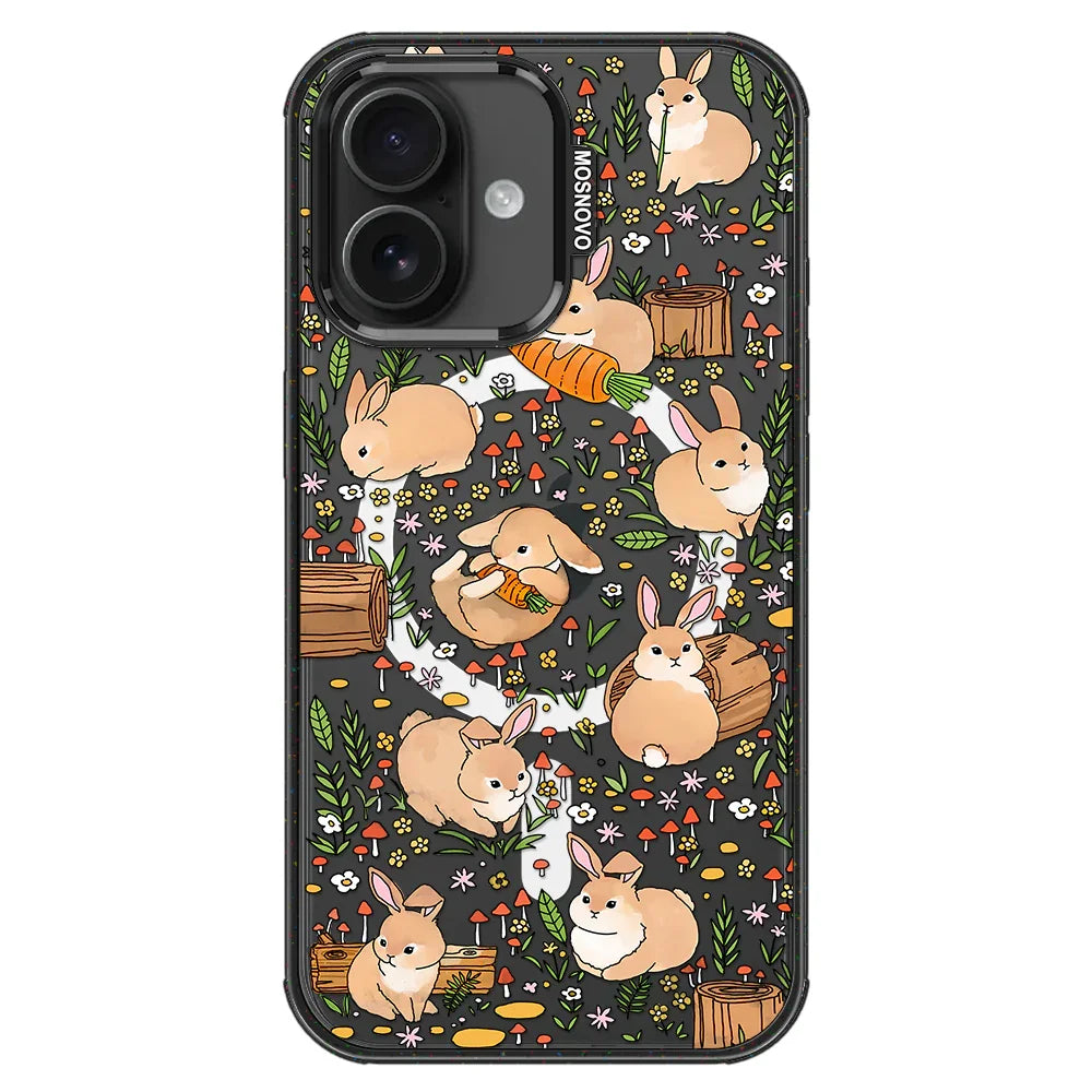 Cute Bunny Garden Phone Case - iPhone 16 Case Clear Black ShockStone With MagSafe