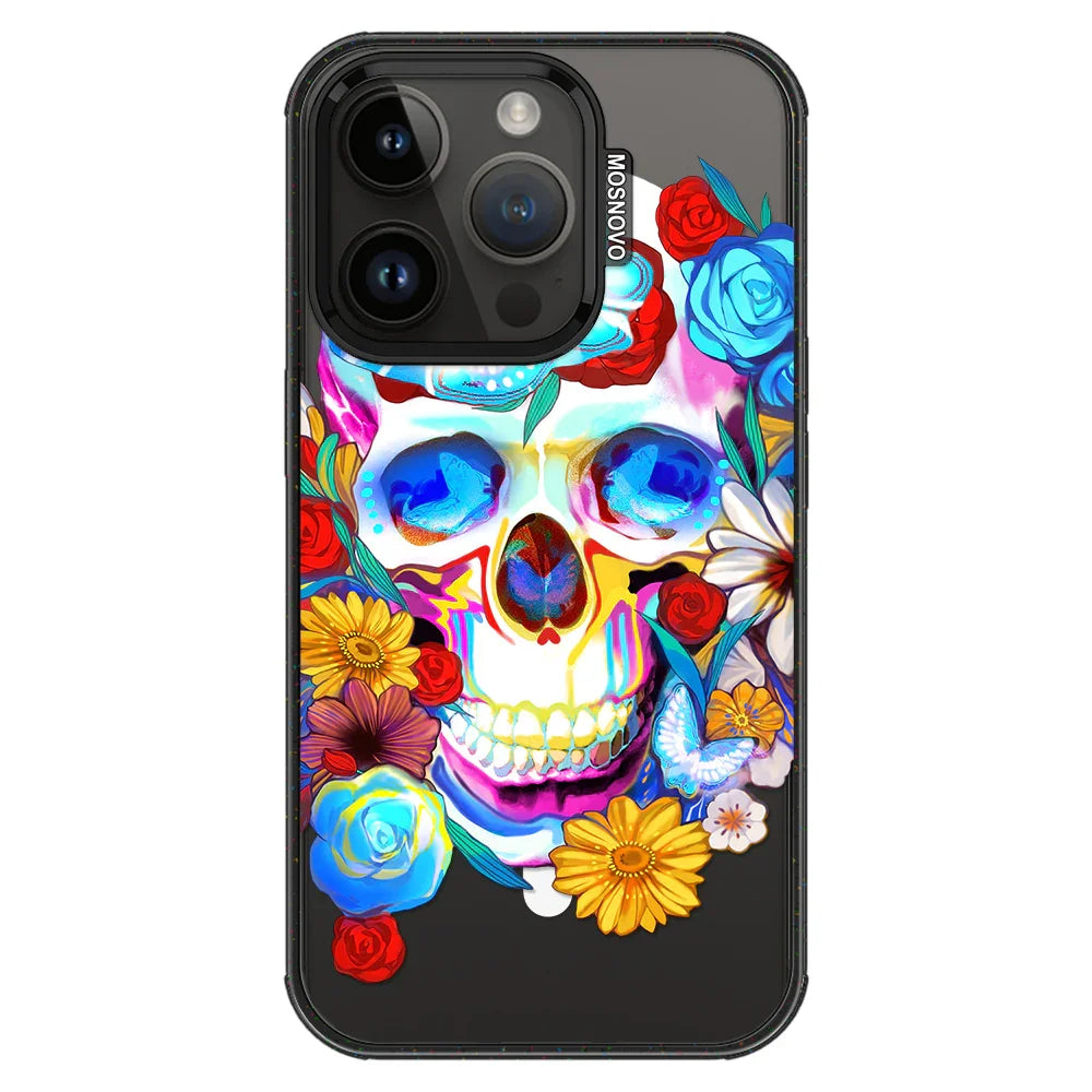 Sugar Flower Skull Phone Case - iPhone 14 Pro Case Clear Black ShockStone With MagSafe