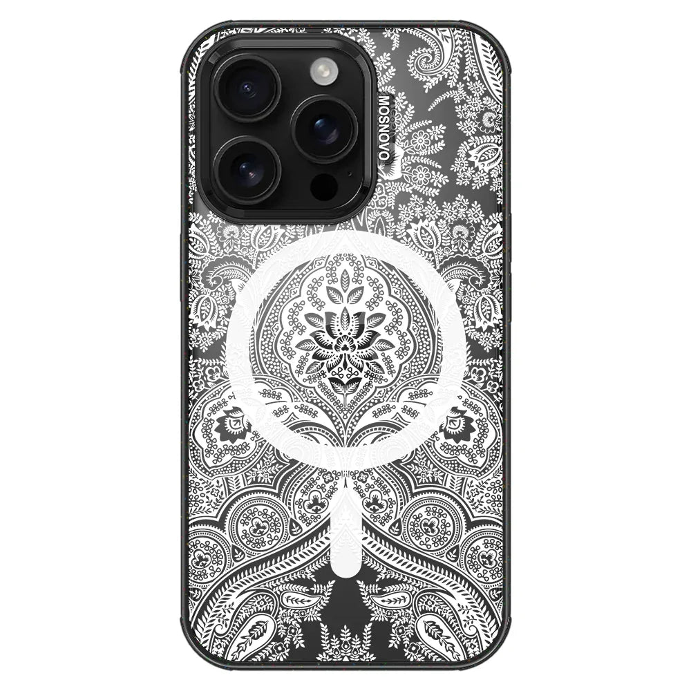 White Damask Phone Case - iPhone 16 Pro Case Clear Black ShockStone With MagSafe