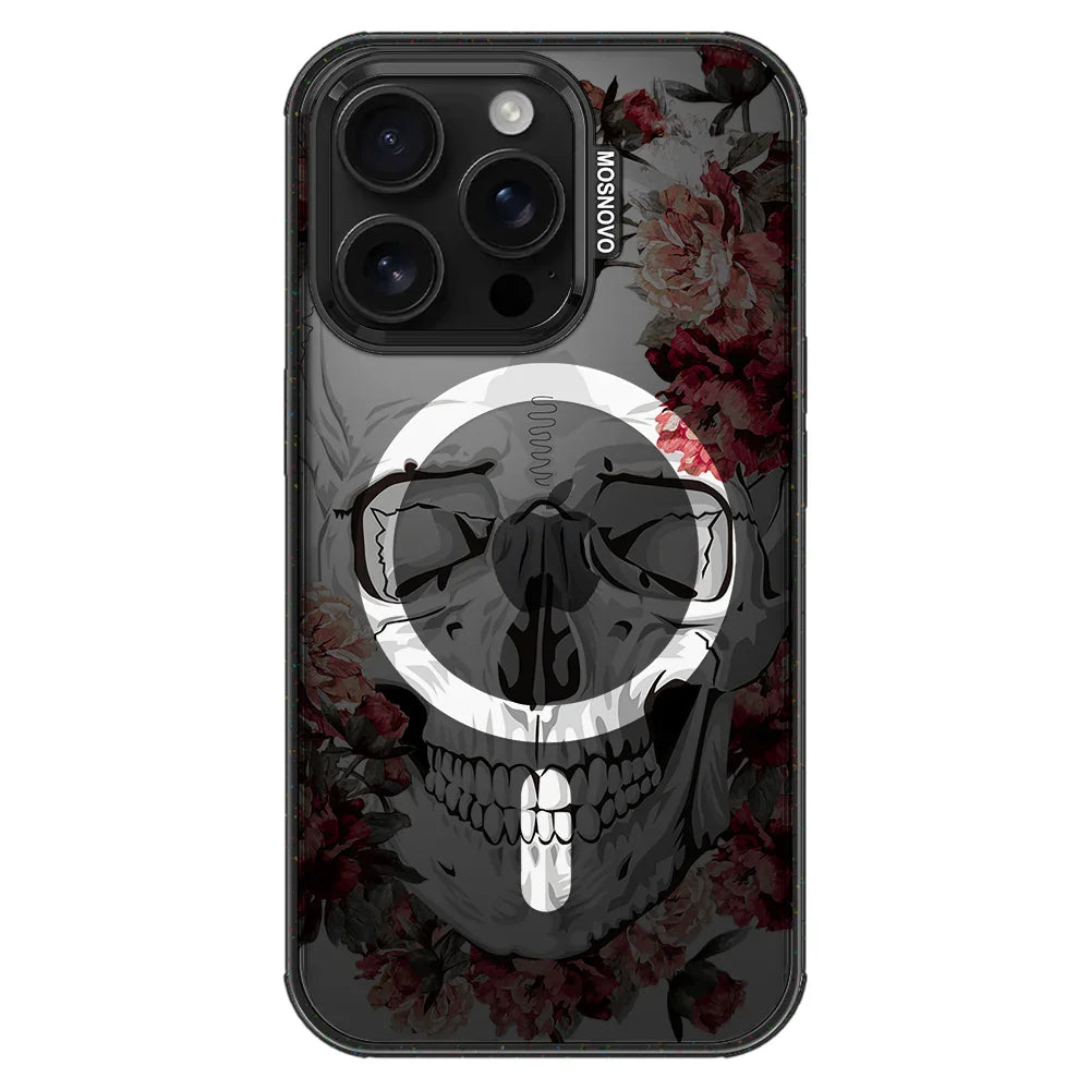 Red Flower Skull Phone Case - iPhone 16 Pro Case Clear Black ShockStone With MagSafe