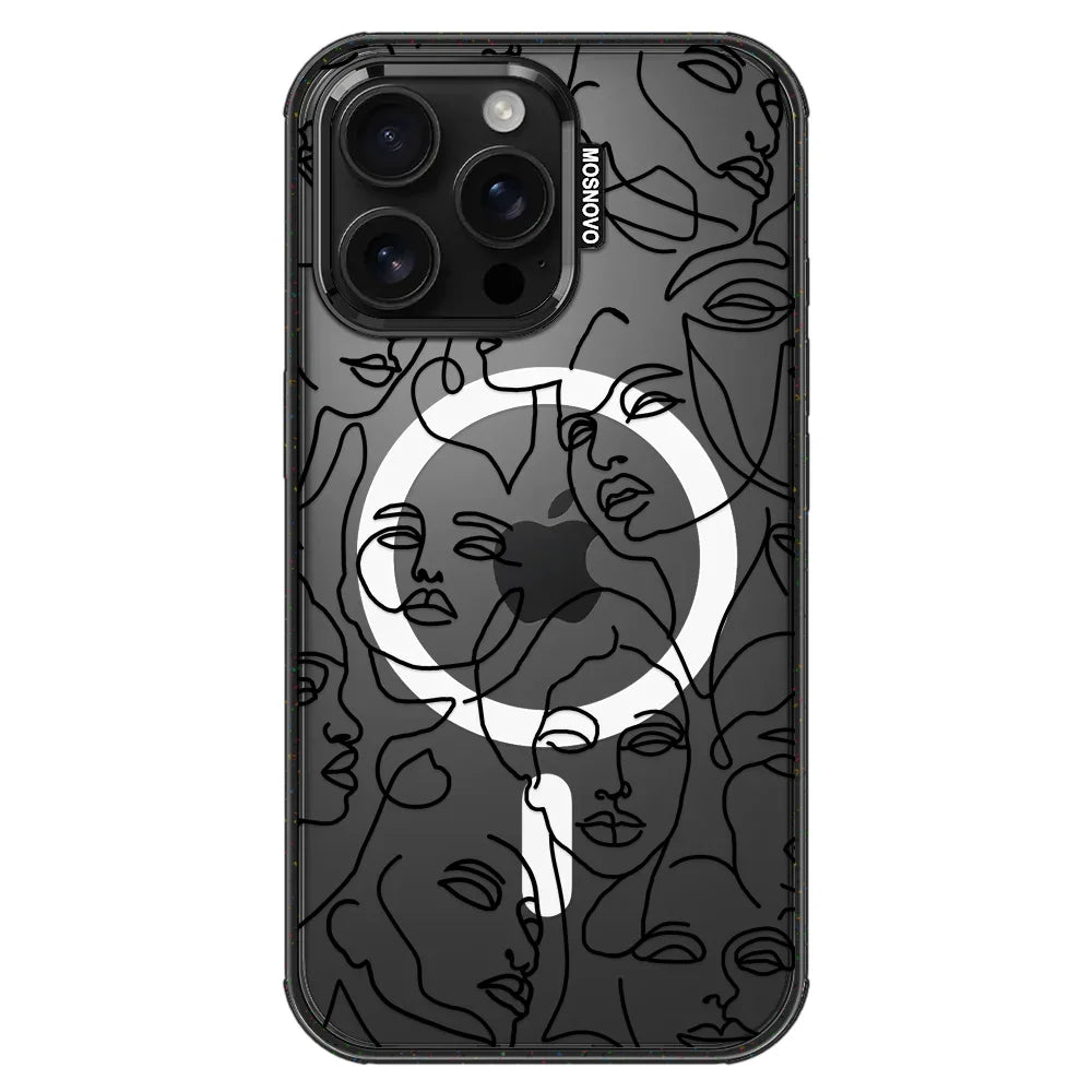 Abstract Face Line Art Phone Case - iPhone 16 Pro Max Case Clear Black ShockStone With MagSafe