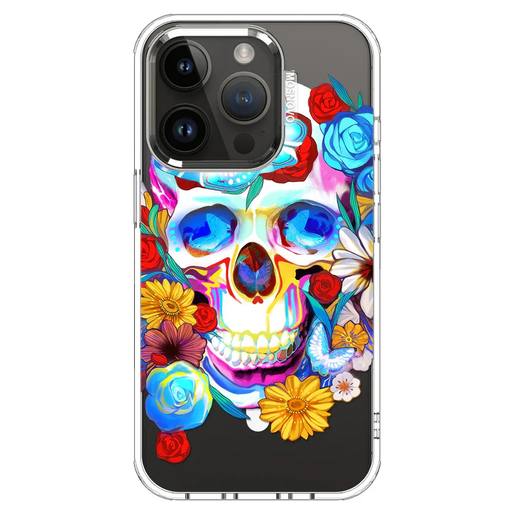Sugar Flower Skull Phone Case - iPhone 14 Pro Case Clear With MagSafe