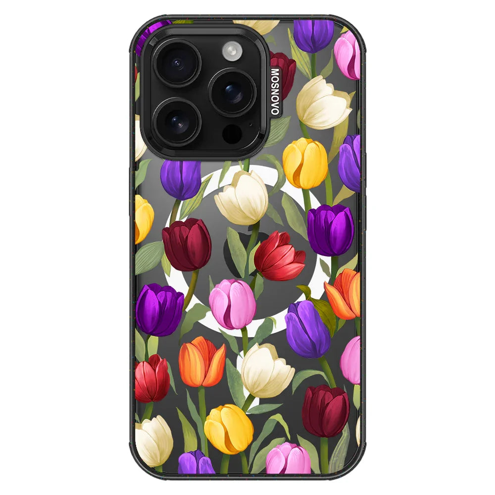 Colorful Tulips Phone Case - iPhone 16 Pro Case Clear Black ShockStone With MagSafe