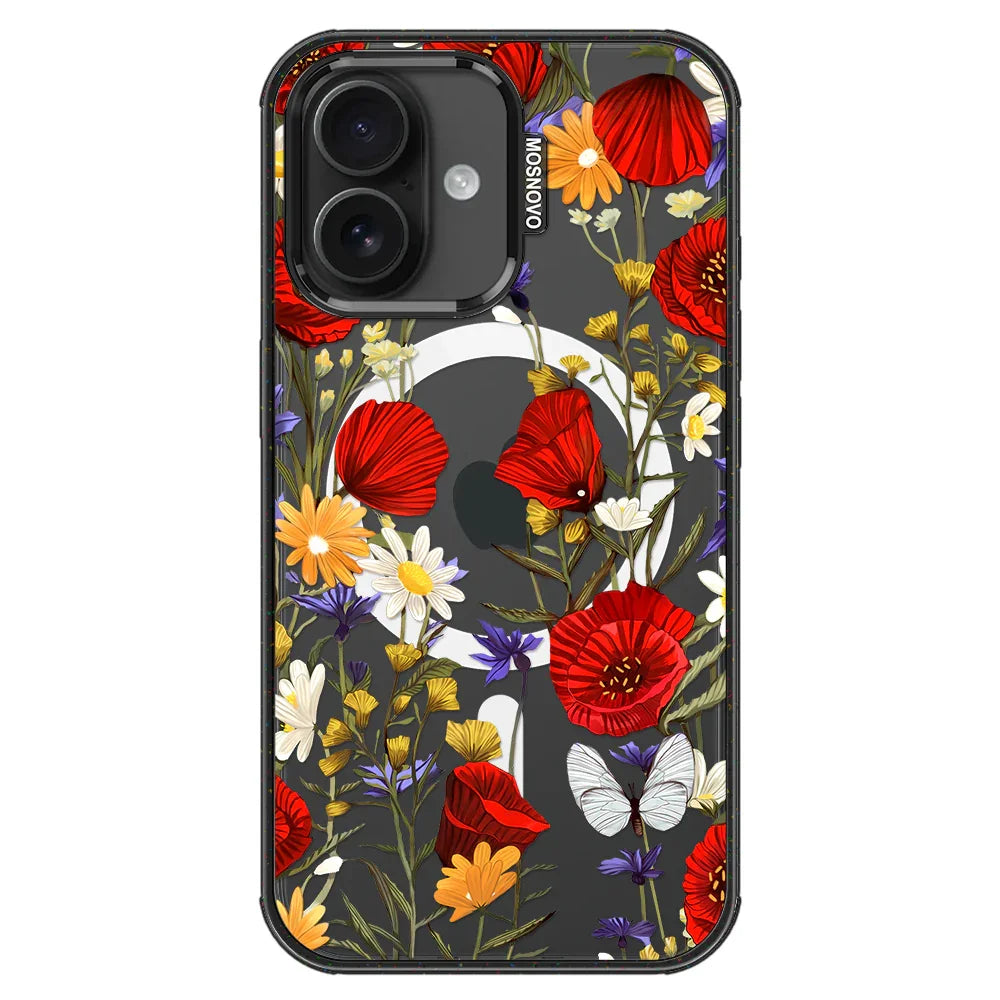 Poppy Floral Phone Case - iPhone 16 Plus Case Clear Black ShockStone With MagSafe