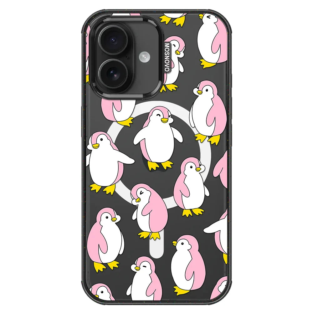 Pink Penguins Phone Case - iPhone 16 Plus Case Clear Black ShockStone With MagSafe