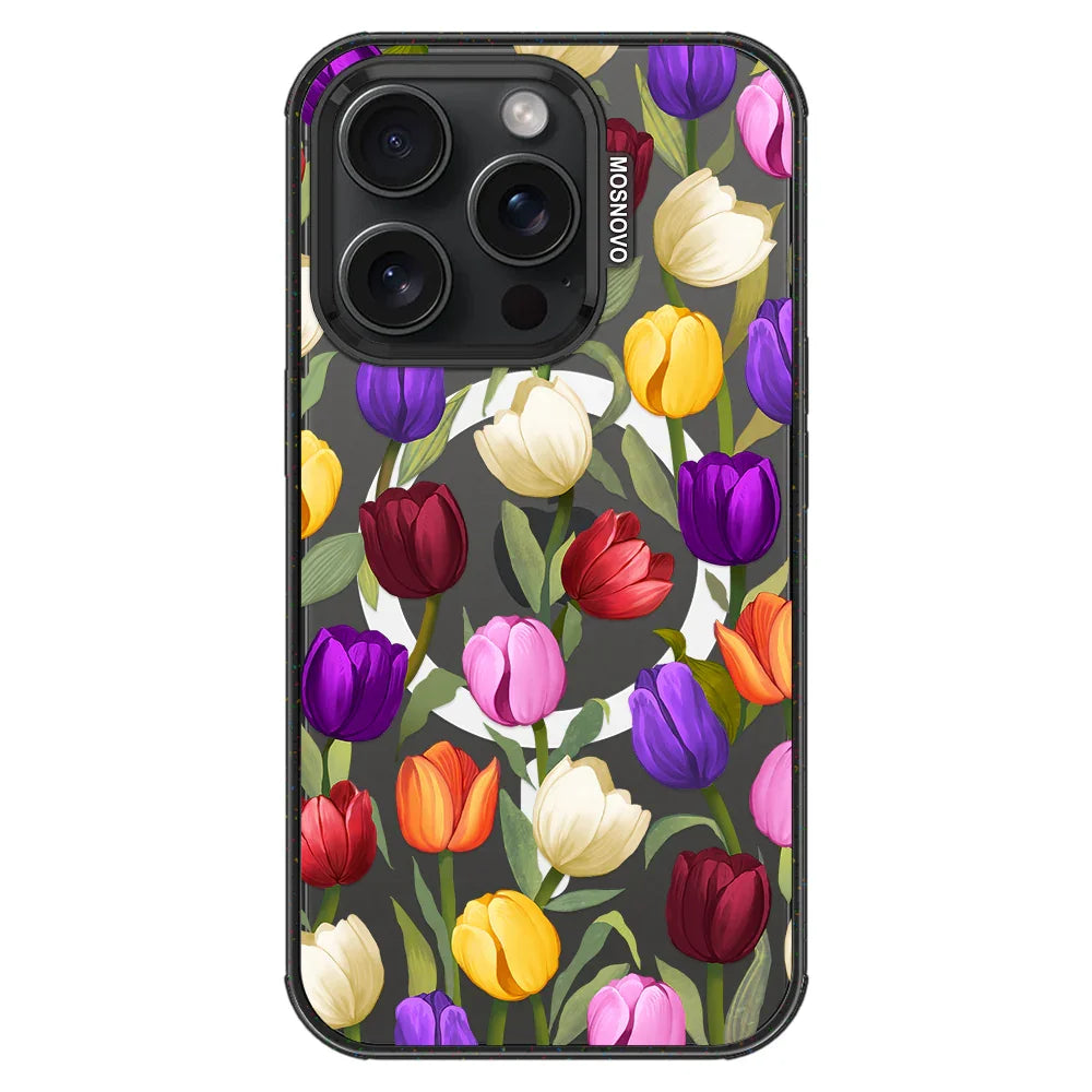 Colorful Tulips Phone Case - iPhone 15 Pro Case Clear Black ShockStone With MagSafe