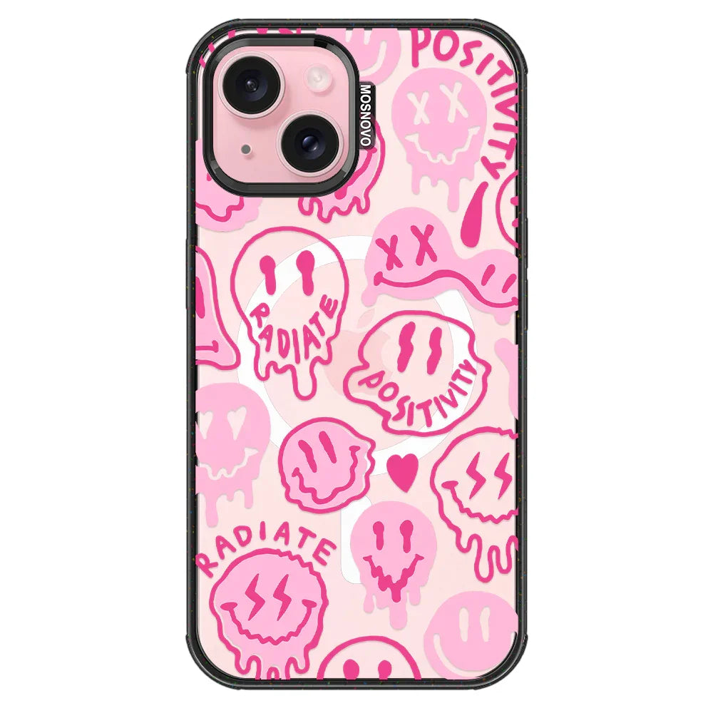 Pink Dripping Smiles Positivity Radiate Face Phone Case - iPhone 15 Case Clear Black ShockStone With MagSafe