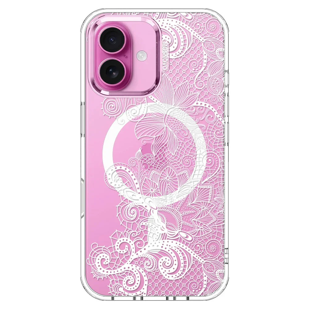 Lacy White Flower Phone Case - iPhone 16 Case Clear With MagSafe