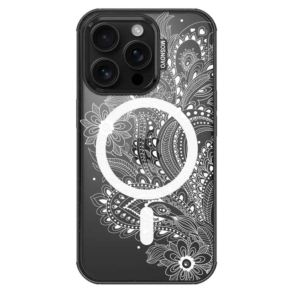 Aesthetic Flower Henna Phone Case - iPhone 16 Pro Case Clear Black ShockStone With MagSafe