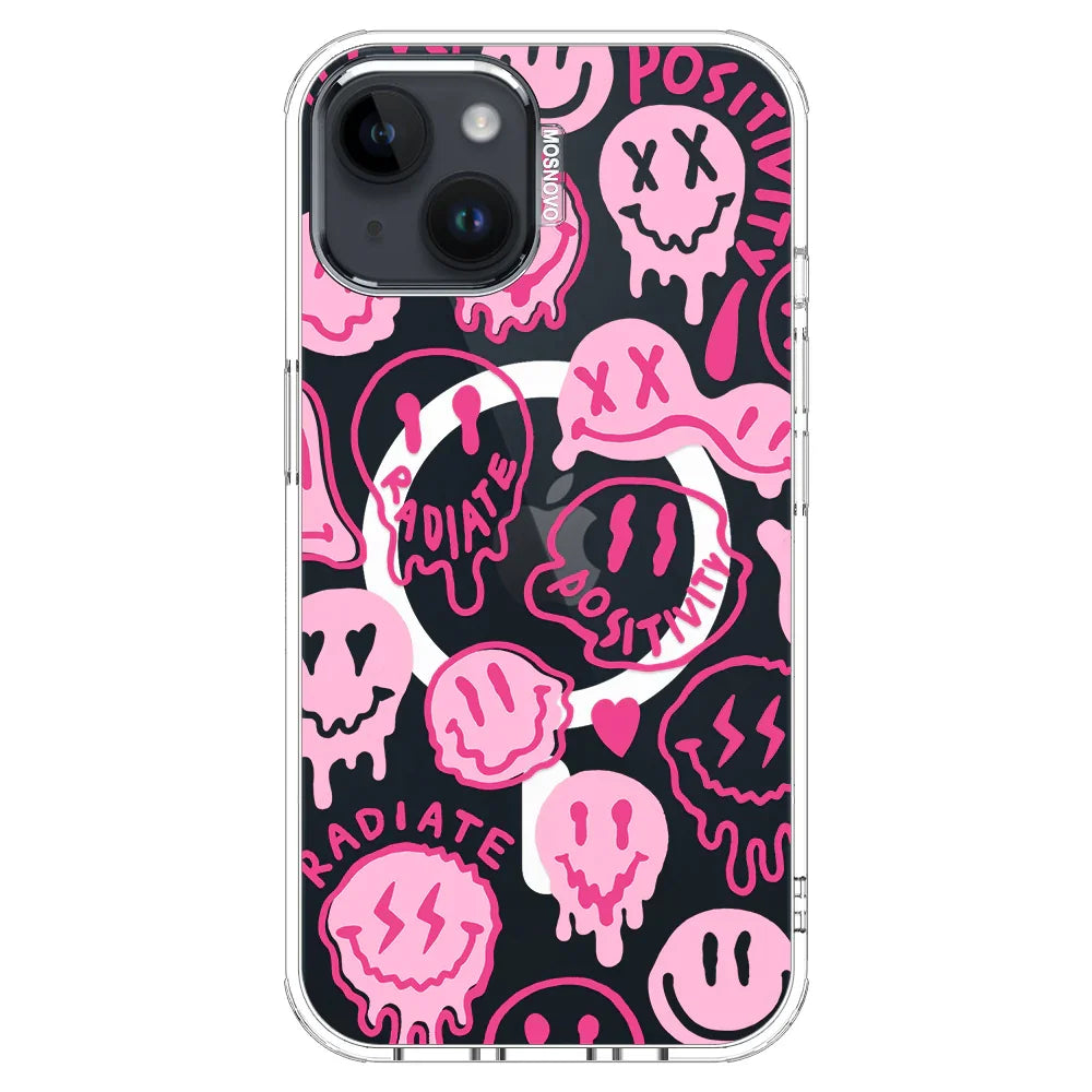 Pink Dripping Smiles Positivity Radiate Face Phone Case - iPhone 14 Case Clear With MagSafe