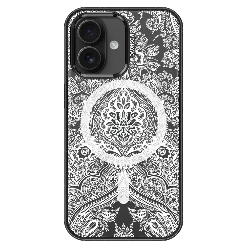 White Damask Phone Case - iPhone 16 Plus Case Clear Black ShockStone With MagSafe