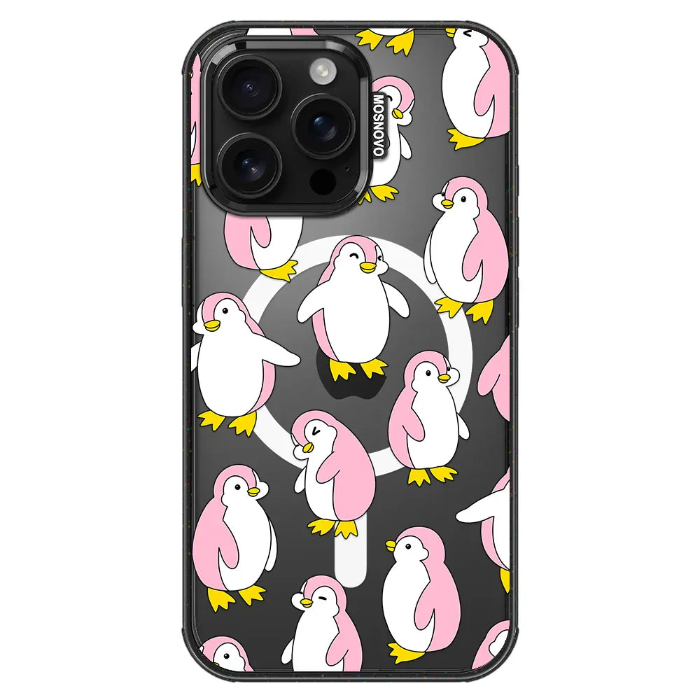 Pink Penguins Phone Case - iPhone 16 Pro Max Case Clear Black ShockStone With MagSafe