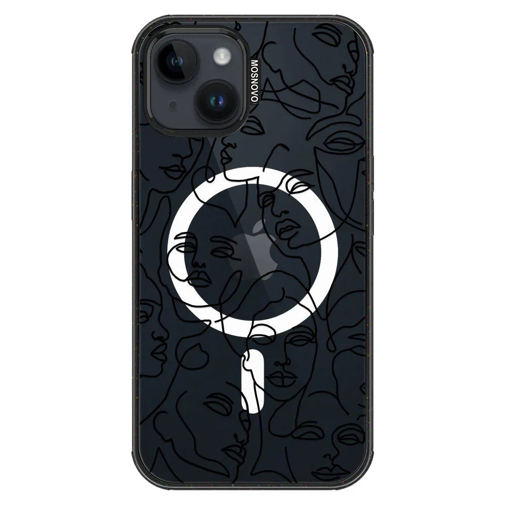 Abstract Face Line Art Phone Case - iPhone 14 Plus Case Clear Black ShockStone With MagSafe